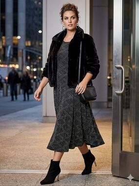 Nina Leonard Black Metallic Silver Studded Fit & Flare Midi Dress Medium